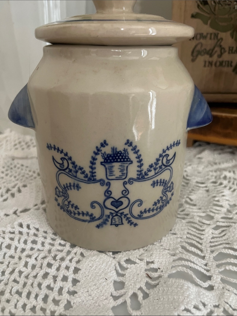 Pennsylvania Dutch Blue and Beige Glazed Stone Canister with Lid Berries & Birds